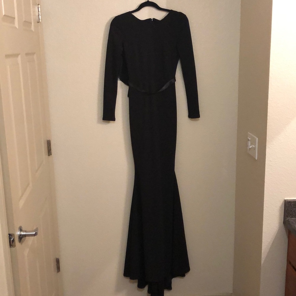Long Sleeve Black Formal Gown with Satin Belt